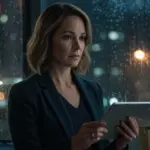 Female detective analyzing crime scene data on a tablet in a modern police station.