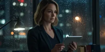 Female detective analyzing crime scene data on a tablet in a modern police station.