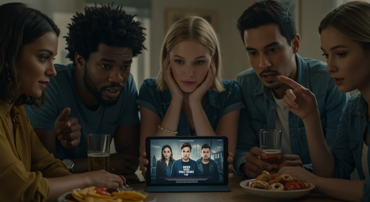 Diverse group of friends discussing new drama series trailers on a tablet