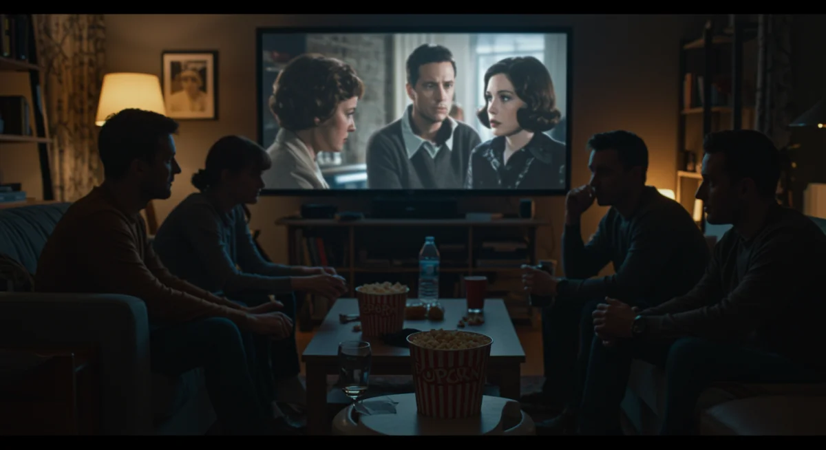 Friends watching a cult classic drama together, sharing an emotional viewing experience.