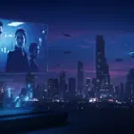 Futuristic cityscape with holographic sci-fi drama display