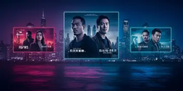 Futuristic cityscape with screens promoting three new drama series for Summer 2026