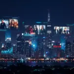 Futuristic cityscape with streaming data projections and drama genre indicators