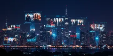 Futuristic cityscape with streaming data projections and drama genre indicators