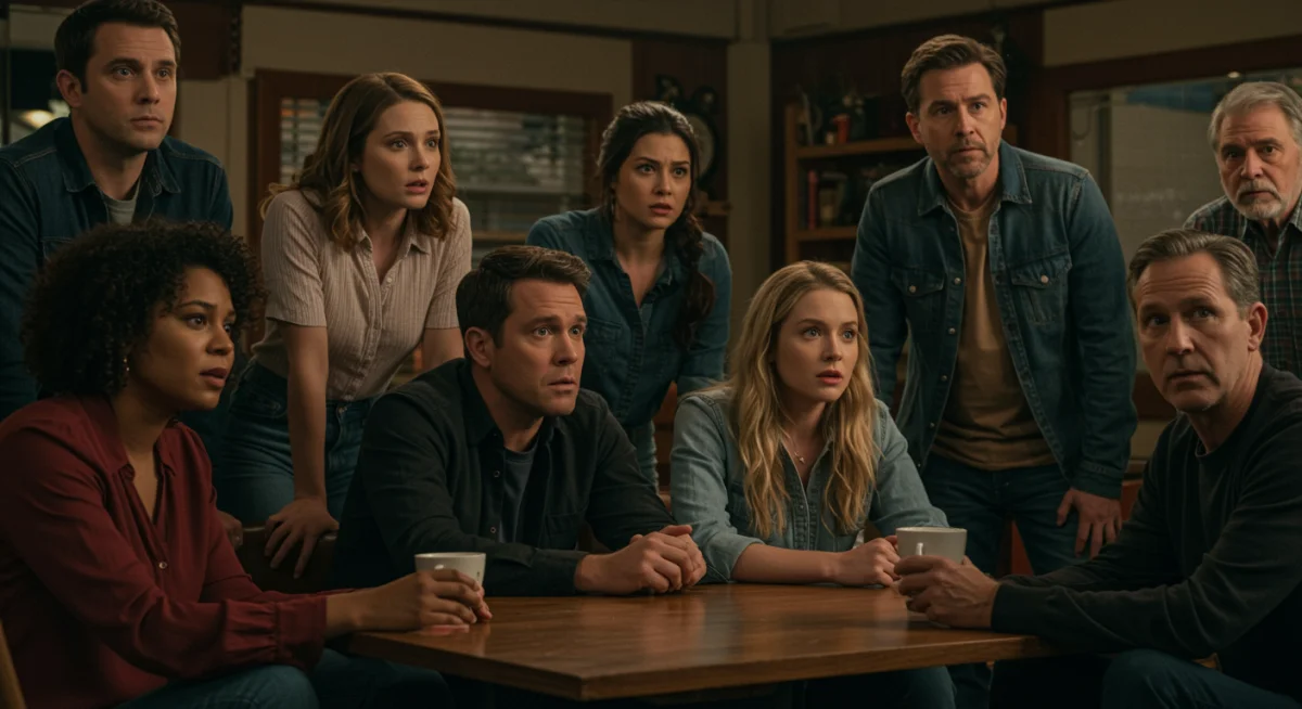 Diverse group discussing a family drama series, highlighting communal viewing and emotional connection.