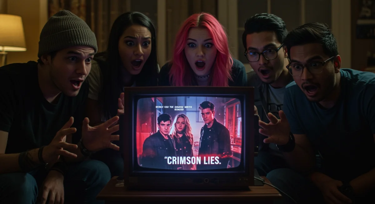 Friends reacting to dramatic scene in Crimson Lies