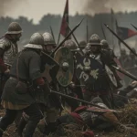Intense historical battlefield scene with soldiers in period uniforms