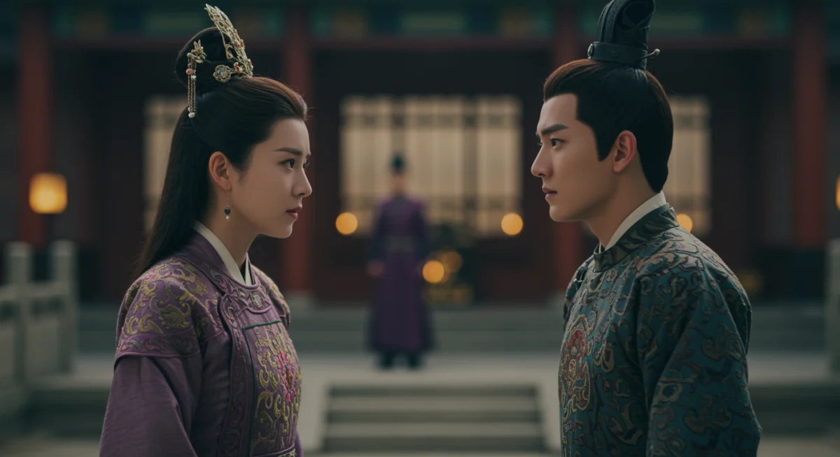 Emotional scene from a historical Chinese drama, showcasing intricate costumes and setting.