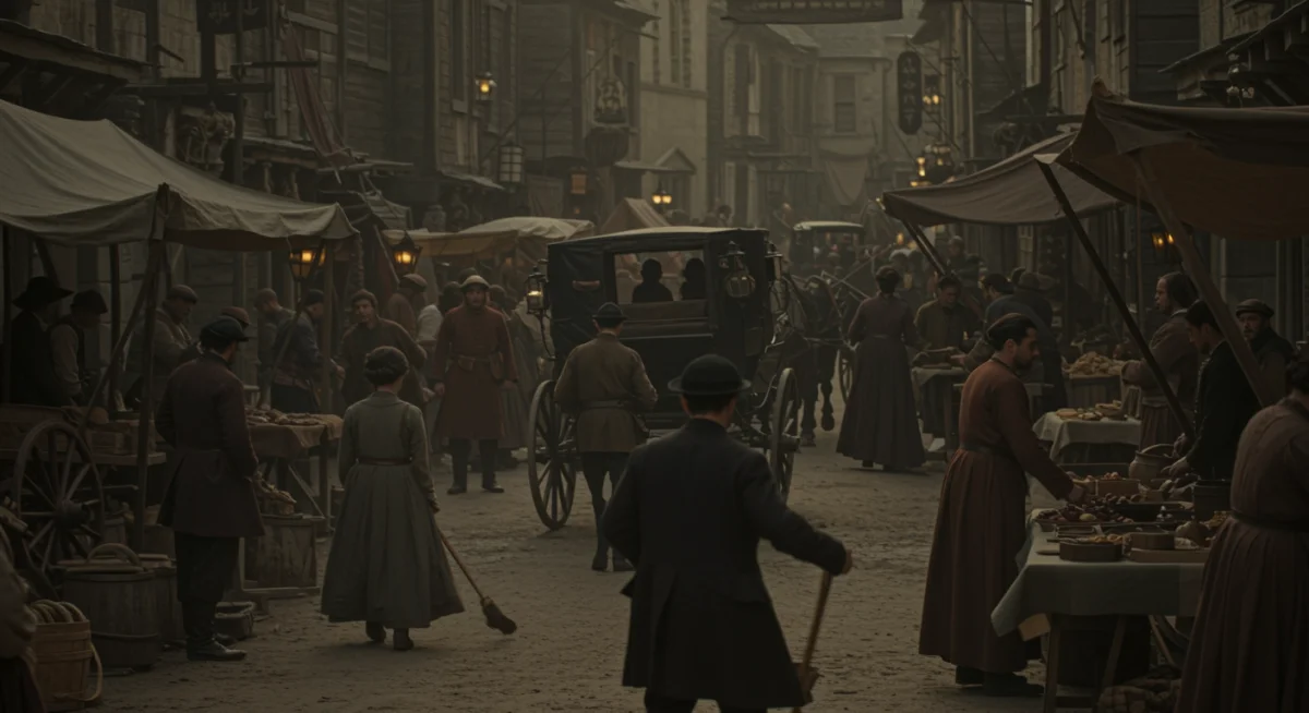 Bustling historical market street scene