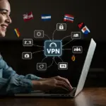 Person watching international dramas on laptop with VPN, bypassing geo-restrictions