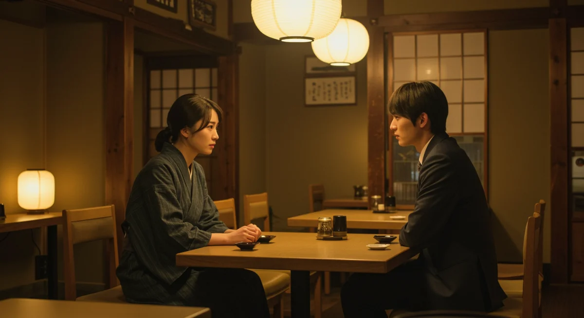 Emotional scene from a trending J-drama, set in a cozy Japanese cafe, highlighting character connection.