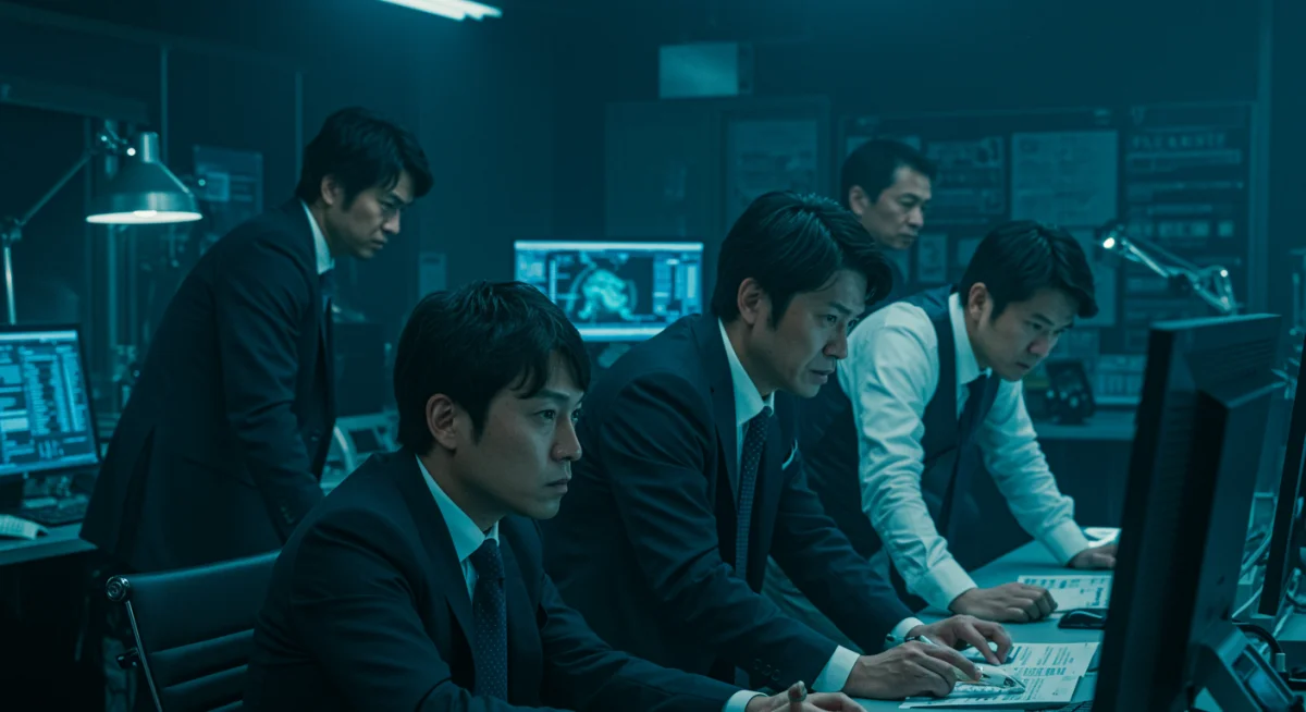 Intense detective scene from a Japanese mystery series, with characters analyzing evidence in a high-tech room.