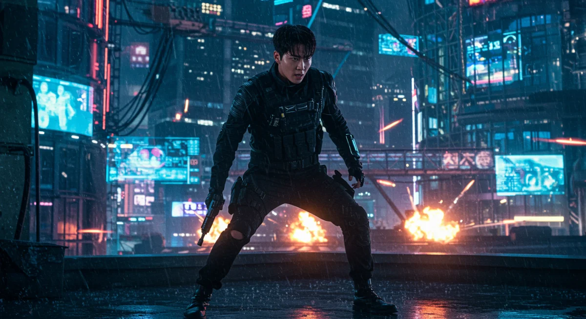 Dynamic action scene from a trending K-drama, showcasing a futuristic city and intense suspense.