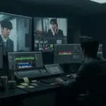 Director and editor meticulously working on K-Drama post-production in a futuristic editing studio.