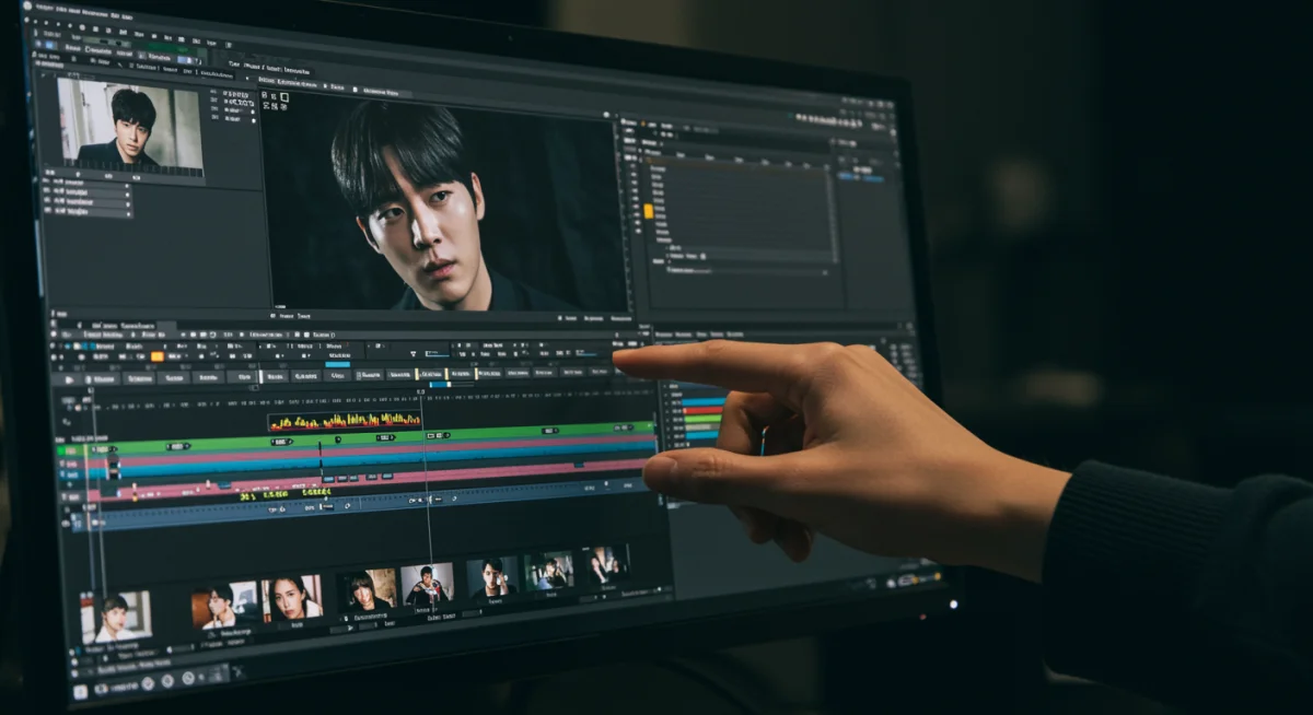 K-Drama editor's hand adjusting a detailed timeline on an advanced editing software.
