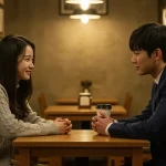 Two characters in a K-drama sharing an emotional, intimate moment in a cozy cafe.