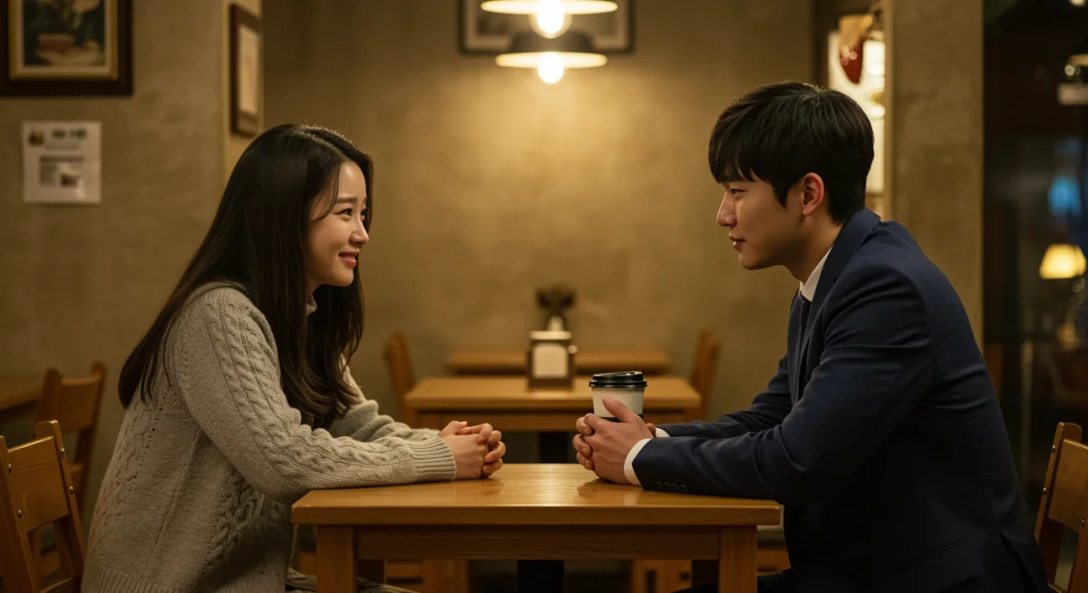 Two characters in a K-drama sharing an emotional, intimate moment in a cozy cafe.