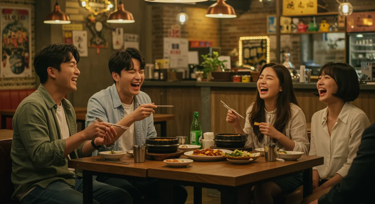 Friends laughing and eating together in a Korean restaurant