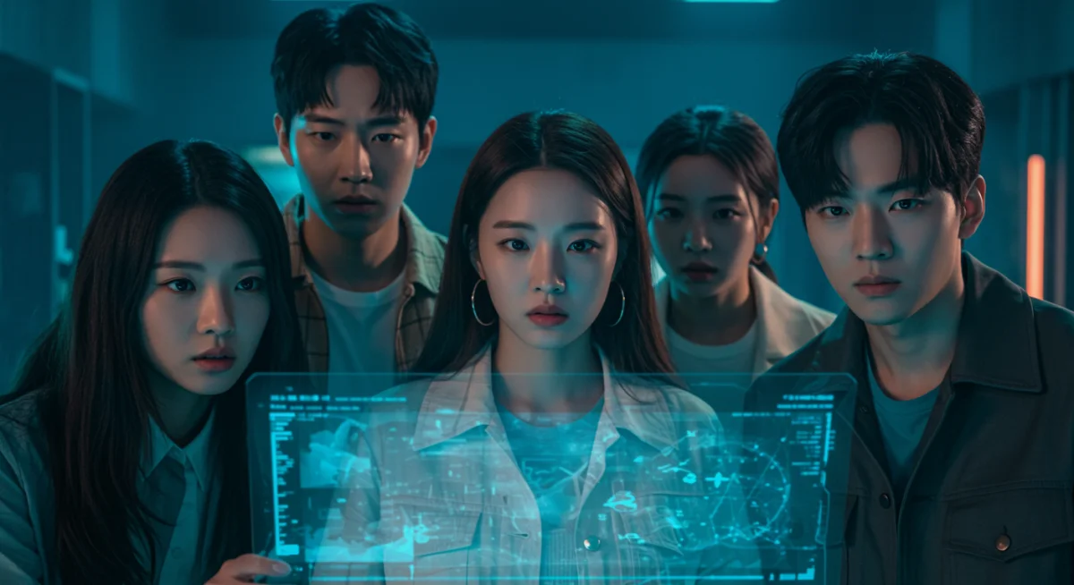 Characters from a trending K-drama interacting with advanced technology in a modern setting