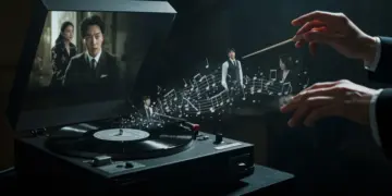 Orchestral conductor leading a symphony with a K-drama scene subtly reflected in their glasses, symbolizing the powerful role of music in enhancing K-drama narratives.