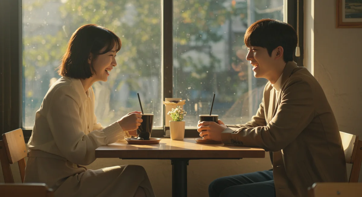 Romantic K-drama couple enjoying a heartfelt moment in a sunlit cafe