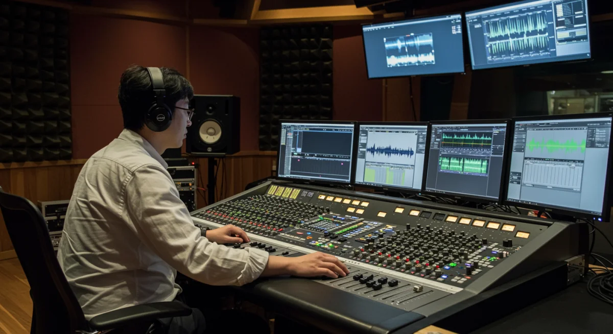 Sound engineer meticulously mixing audio for a K-Drama in a professional studio.