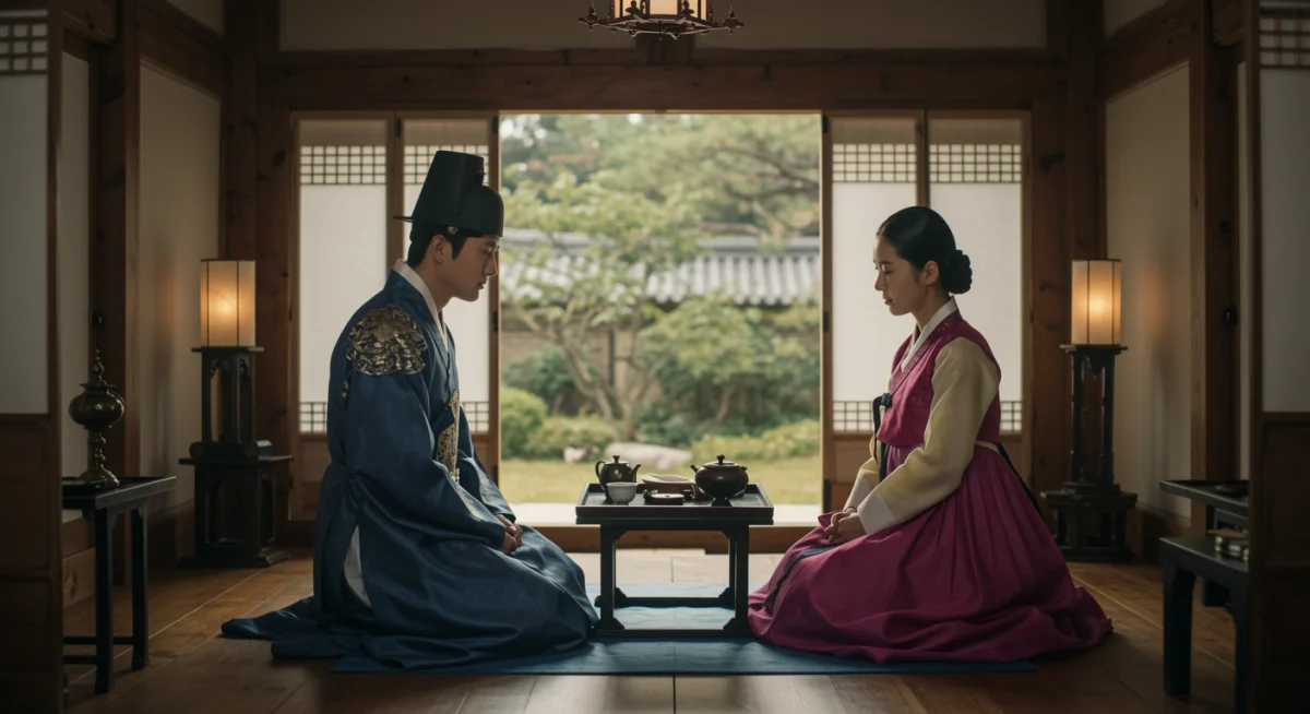 Korean historical drama scene with traditional tea ceremony.