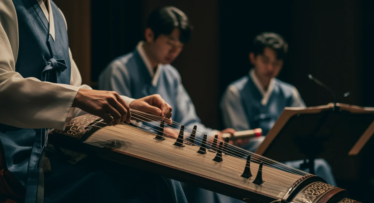 Musician playing a traditional Korean gayageum, adding authentic cultural and emotional layers to a K-drama soundtrack.