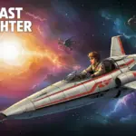 Futuristic spaceship soaring through galaxy from The Last Starfighter, with hero in cockpit.