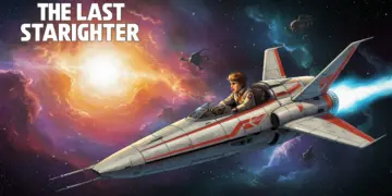 Futuristic spaceship soaring through galaxy from The Last Starfighter, with hero in cockpit.