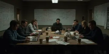 Late night in a US drama writers' room, writers working on scripts