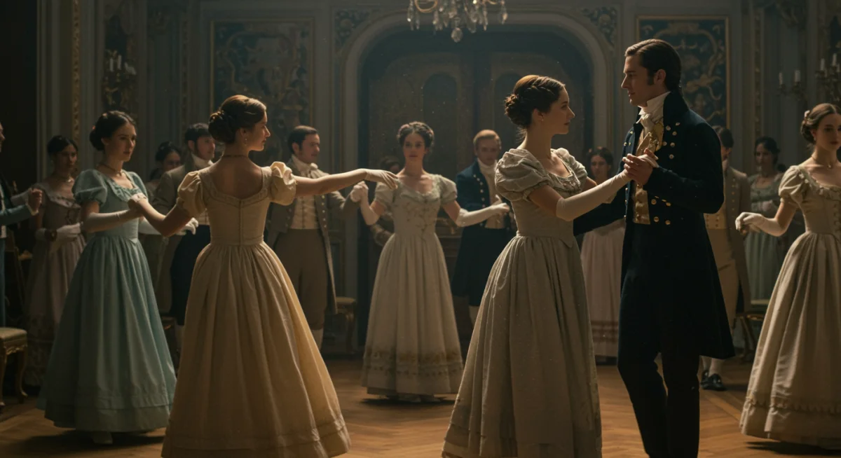 Lavish 19th-century ballroom scene from a historical drama