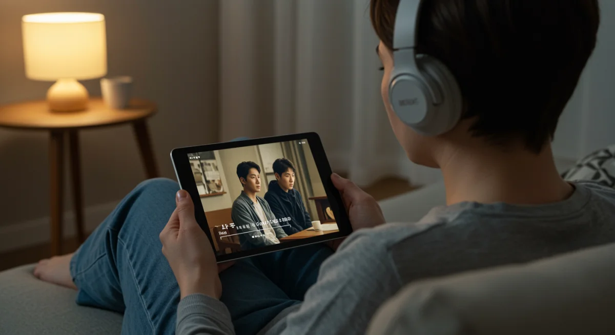 Person enjoying drama OSTs on headphones with a tablet in a cozy living room setting.