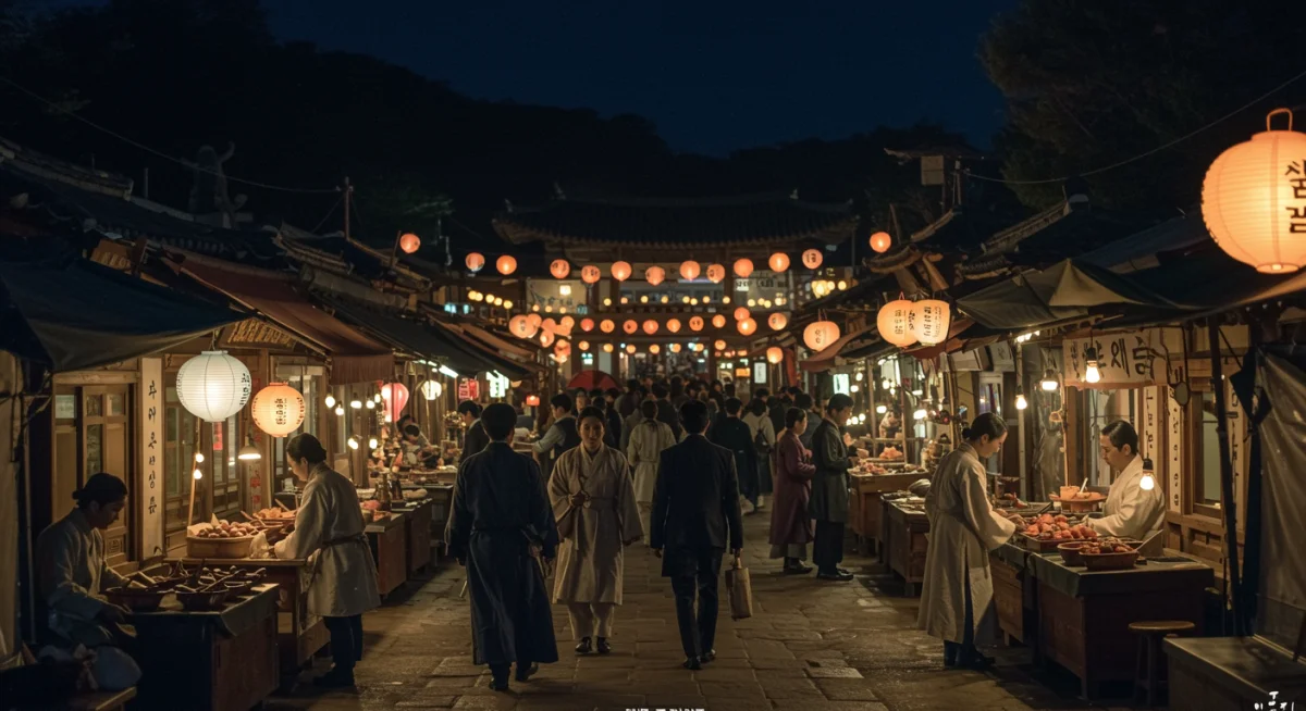 Traditional Korean market night scene, Midnight Bloom setting