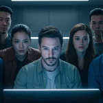 Diverse cast watching a screen, representing modern drama production