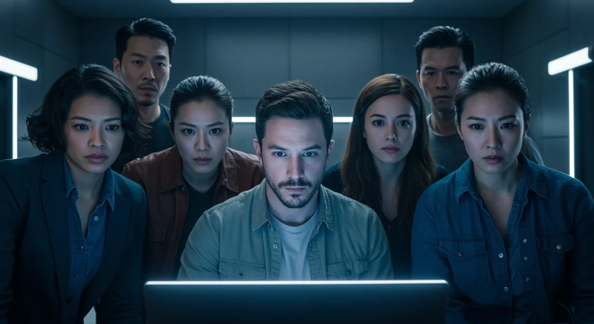 Diverse cast watching a screen, representing modern drama production