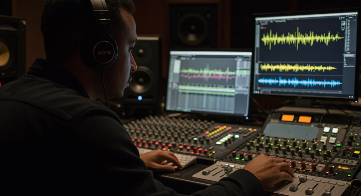 Music producer mixing sound in a studio for a drama series soundtrack