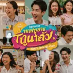 Vibrant montage of romantic comedy Thai drama scenes from 2026, featuring smiling couples and modern backdrops.