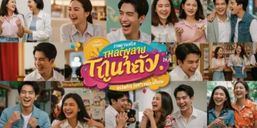 Vibrant montage of romantic comedy Thai drama scenes from 2026, featuring smiling couples and modern backdrops.