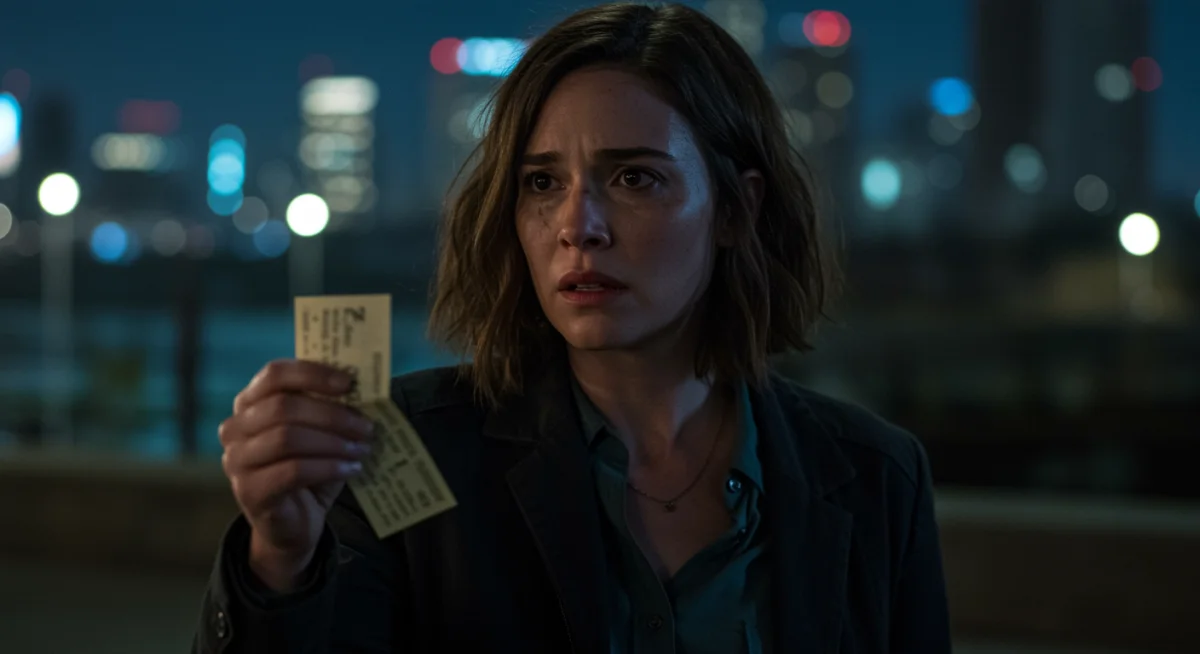 Female lead holding a cryptic message with a determined and distressed expression, against a blurred night cityscape.