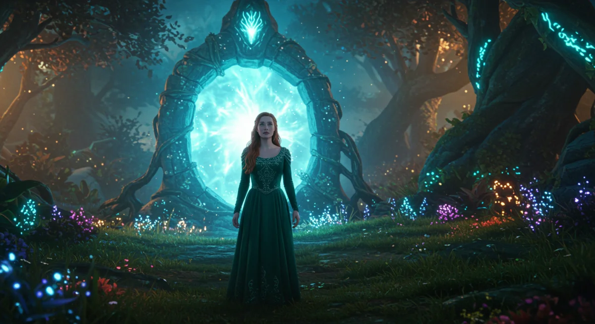 Character contemplating a glowing portal in a mystical fantasy landscape.