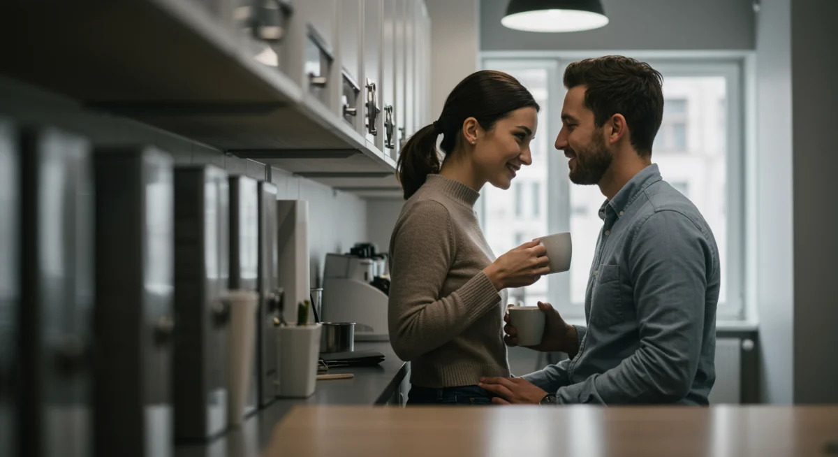Couple sharing an intimate moment in an office break room.