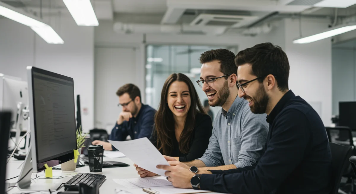 Diverse employees collaborating in a modern office, fostering connections.