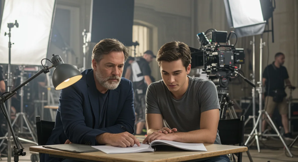 Director and actor discussing script changes on a film set.