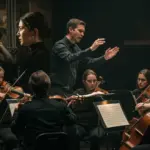 Orchestra performing with dramatic TV series overlay, symbolizing soundtracks' emotional power