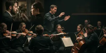 Orchestra performing with dramatic TV series overlay, symbolizing soundtracks' emotional power