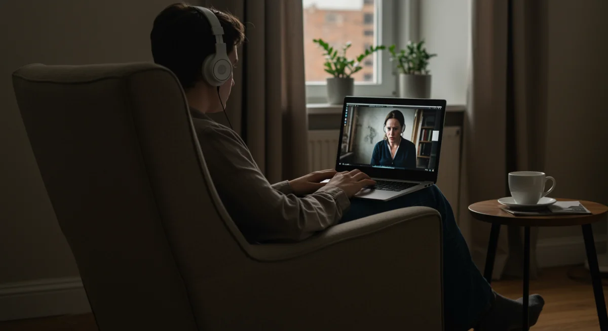 Person enjoying a drama on a laptop with headphones