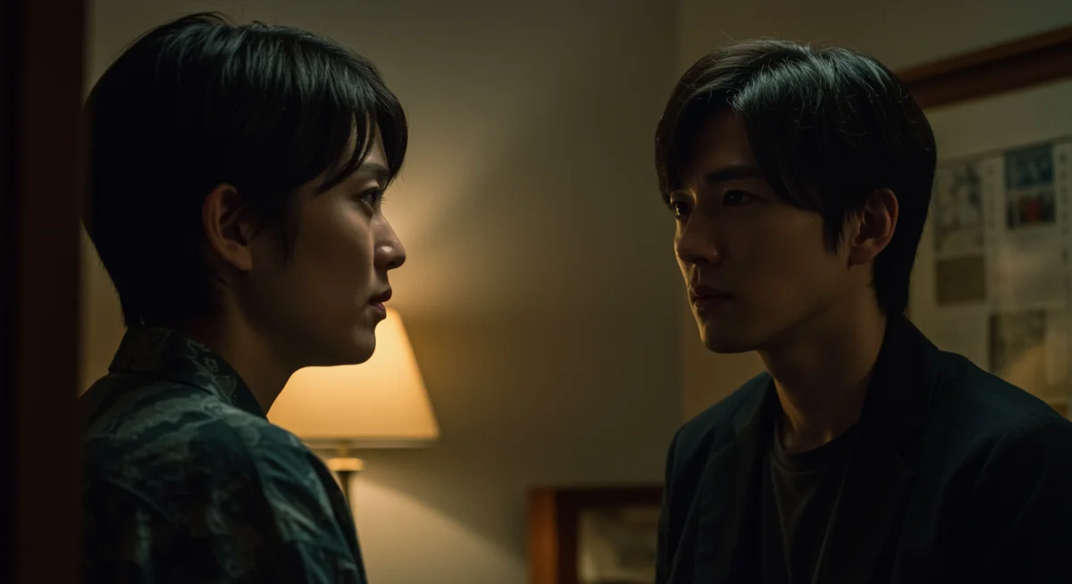 Tense moment between characters in a psychological thriller J-drama, highlighting emotional conflict.