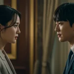 Main cast of Queen of Tears, Kim Soo-hyun and Kim Ji-won, in a dramatic pose symbolizing their complex relationship.