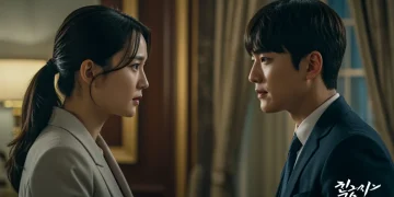 Main cast of Queen of Tears, Kim Soo-hyun and Kim Ji-won, in a dramatic pose symbolizing their complex relationship.